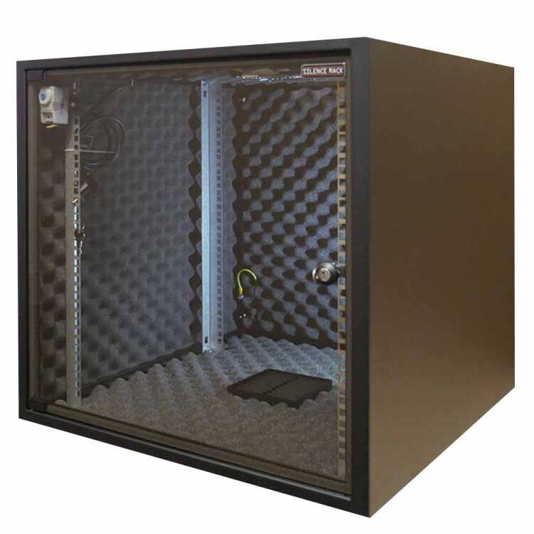 Schallgedämmter 19"-Schrank SILENCE RACK Office - 12 HE - 1 SILENT-Lüfter - BxT 600x600 mm - Glastür - schwarz