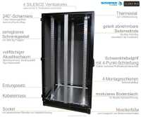 Schallgedämmter Serverschrank SCHÄFER IS-1 silenced - 43 HE - BxT 600x1000 mm - Sichttür - Vollblechtür - Sockel - 4 Silent-Ventilatoren - schwarz