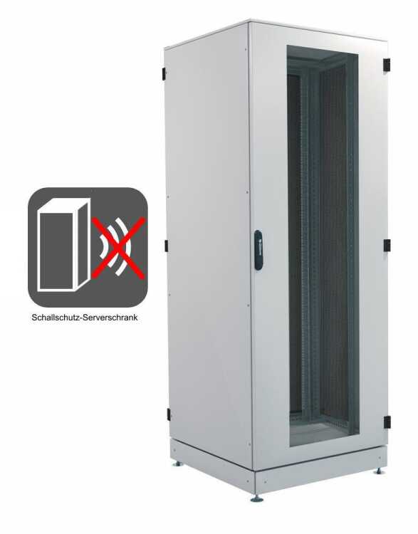 Schallgedämmter Serverschrank SCHÄFER IS-1 silenced - 43 HE - BxT 800x800 mm - Sichttür - Vollblechtür - Sockel - 4 Silent-Ventilatoren - lichtgrau