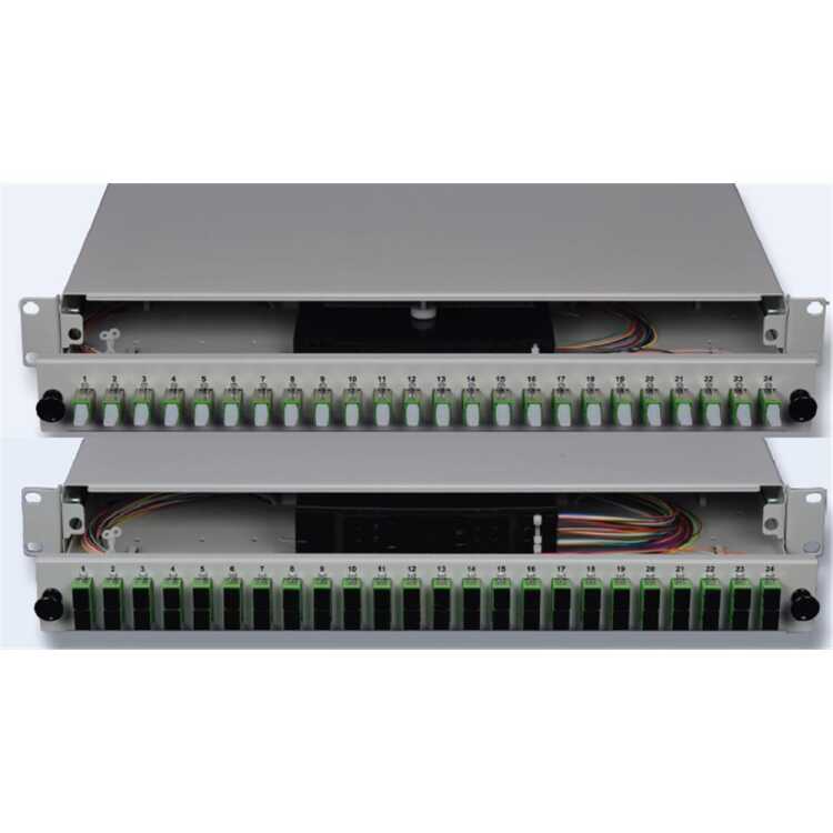 19"-LWL-Spleißbox - 1 HE - Schubladenauszug - lichtgrau - spleißfertig - 12xE2000/PC Kupplungen und 12xPigtails G50/125 OM4