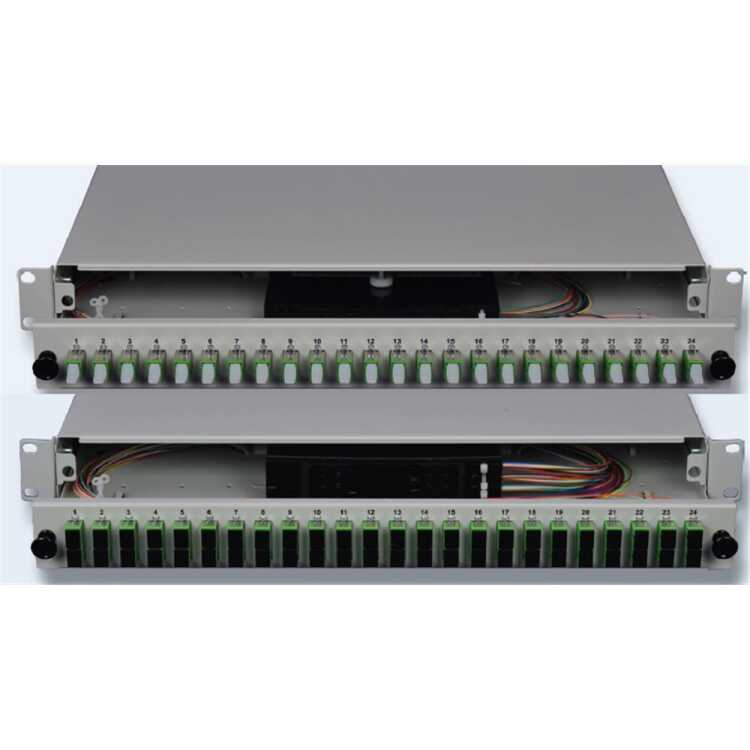 19"-LWL-Spleißbox - 1 HE - Schubladenauszug - lichtgrau - spleißfertig - 12xLC/PC-Duplex Kupplungen und 24xPigtails G50/125 OM4