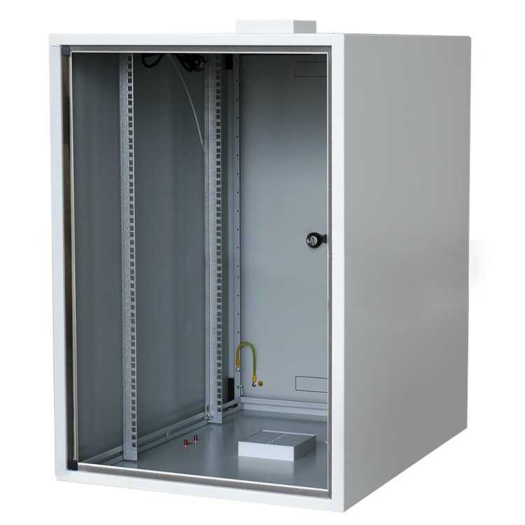 19"-Stand-/Wandschrank RESISTER aktiv - erhöhter Staubschutz IP50 - 18 HE - Glastür - BxT 600x600mm - Aktiv-Lüfter - lichtgrau