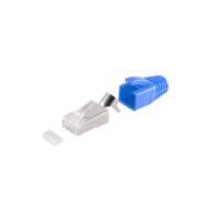 Quality RJ45-Stecker SET für Verlegekabel bis AWG 23 mit Zugentlastung - Einführhilfe und Tülle - blau - 10 Stück