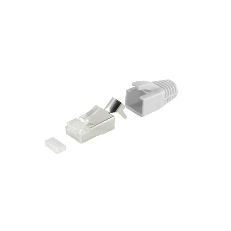 Quality RJ45-Stecker SET für Verlegekabel bis AWG 23 mit Zugentlastung - Einführhilfe und Tülle - grau - 10 Stück