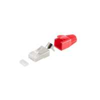 Quality RJ45-Stecker SET für Verlegekabel bis AWG 23 mit Zugentlastung - Einführhilfe und Tülle - rot - 10 Stück