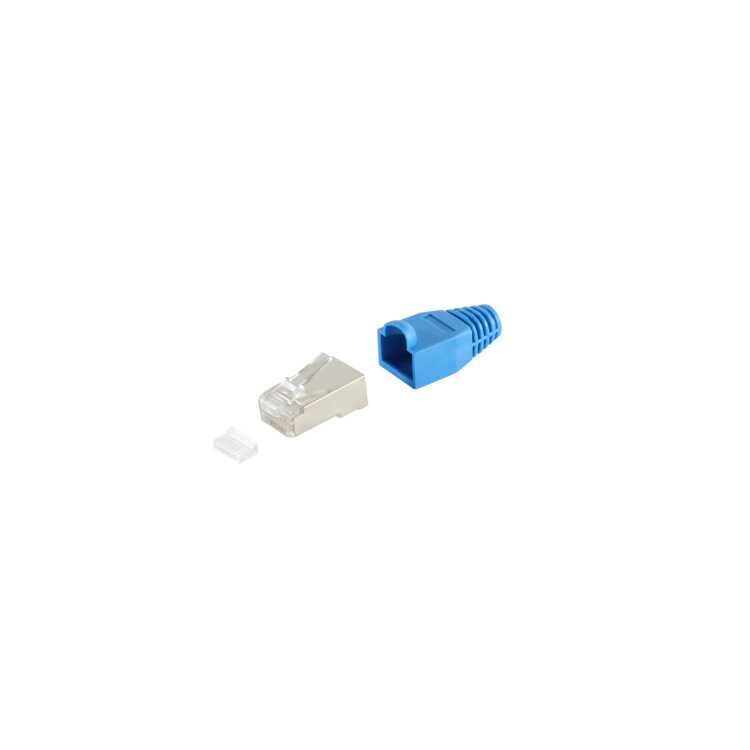 Quality RJ45-Stecker Komplett-Set - Cat.5 / Cat.6 mit Einführhilfe und Tülle - geschirmt - blau