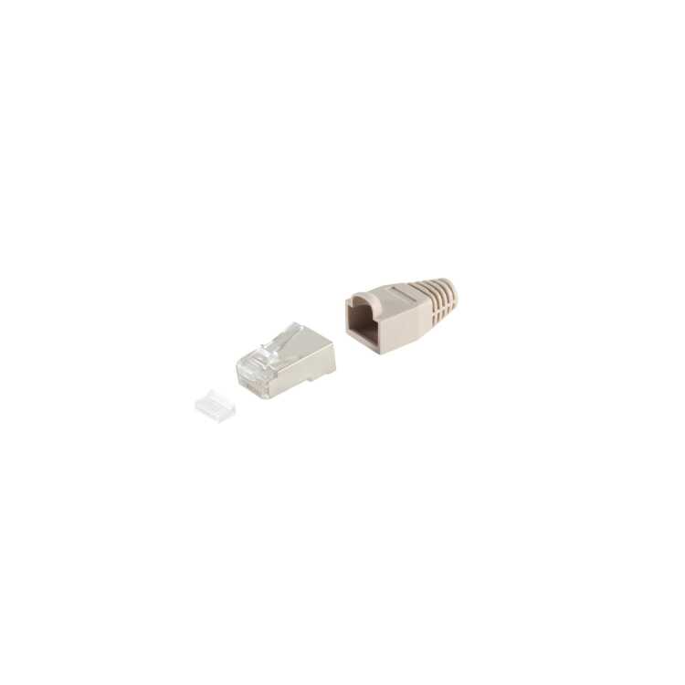 Quality RJ45-Stecker Komplett-Set - Cat.5 / Cat.6 mit Einführhilfe und Tülle - geschirmt - grau