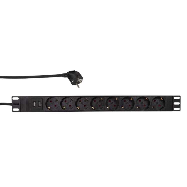19" Steckdosenleiste 8-fach CEE7/3 SCHUKO-Buchse + 2 USB mit Überspannungsschutz