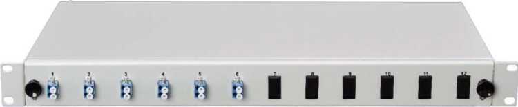 19"-Spleißbox - 1 HE - Festeinbau - lichtgrau - inkl. 6 x LC-Duplex Keramikkupplung blau OS2