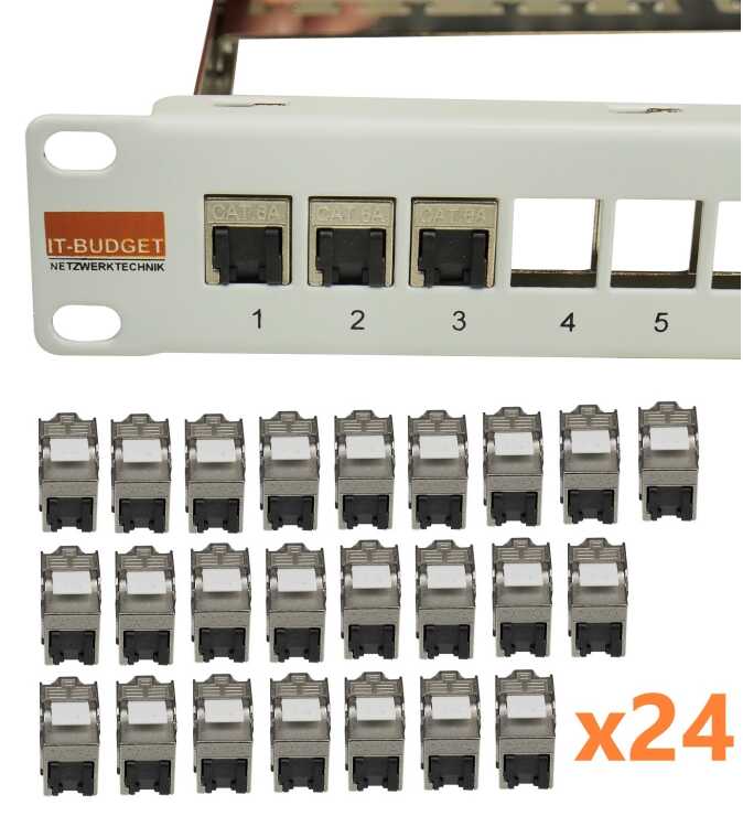 SPAR-PACK: IT-BUDGET 19"-Keystone Patchfeld 24 Port - grau + 24 x Cat.6A Modulen inkl. integrierten Staubschutz