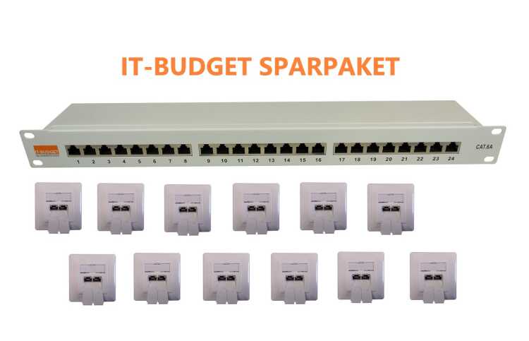 SPAR-PACK: IT-BUDGET 19" Patchpanel Cat.6A - 24 x RJ45 Port - geschirmt - grau + 12 x Datendose Cat.6A - 2 x RJ45 Port - reinweiß