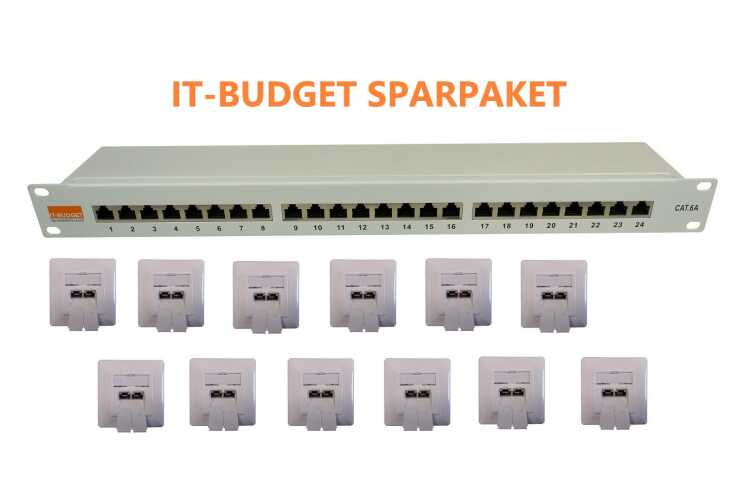 SPARPAKET: IT-BUDGET 19 Patchpanel - 1HE - geschirmt - Cat.6A - 24 Port grau + 12x Cat.6A universal 2 Port Datendose reinweiß