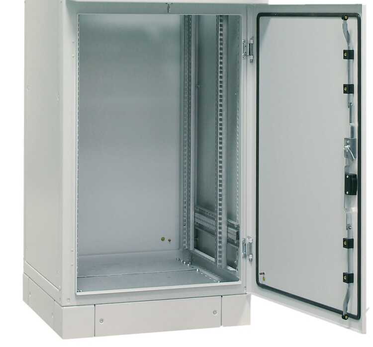 Serverschrank SZE2 mit Klimaanlage von Cosmotec/Stulz - Kühlleistung 300 - 2000 W - 24 HE - 600x600 mm - Vollblechtüren - Sockel - lichtgrau