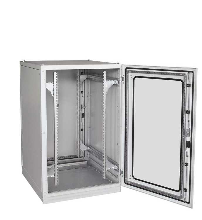 Serverschrank SZE2 mit Klimaanlage von Cosmotec/Stulz - Kühlleistung 300 bis 2000 W - 24 HE - 800x800 mm - Glasfronttür - Sockel - lichtgrau