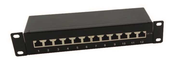 IT-BUDGET 10" Patchpanel - geschirmt - Cat.6A - 500MHz - 12 Port RJ45 - PoE+ fähig -1 HE - schwarz