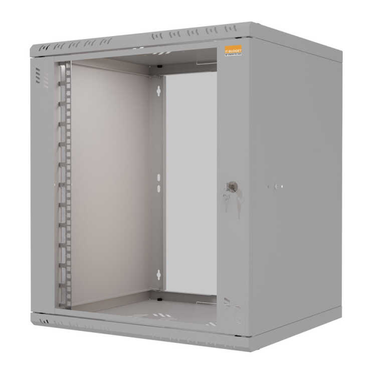 19"-Netzwerkschrank TAUNUS von IT-BUDGET - 12 HE - 600 mm Tiefe - Sichttür - 19"-Ebene vo+hi - abschließbar - lichtgrau