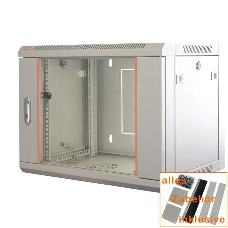 19"-Netzwerkschrank SWA von IT-BUDGET - 6 HE - BxT 570 x 450 mm - Sichttür - Seiten abnehmbar - Wand- + Standmontage - lichtgrau