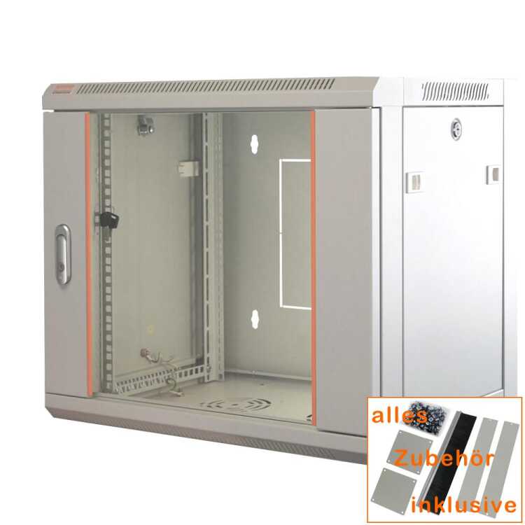 19"-Netzwerkschrank SWA von IT-BUDGET - 9 HE - BxT 570 x 450 mm - Sichttür - Seiten abnehmbar - Wand- + Standmontage - lichtgrau