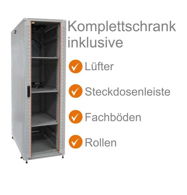 19"-Serverschrank SRK von IT-BUDGET - Komplettset - 42 HE - BxT 600x1000 mm - Sicht-/Vollblechtür - 4 Aktiv-Lüfter - Flatpack - lichtgrau