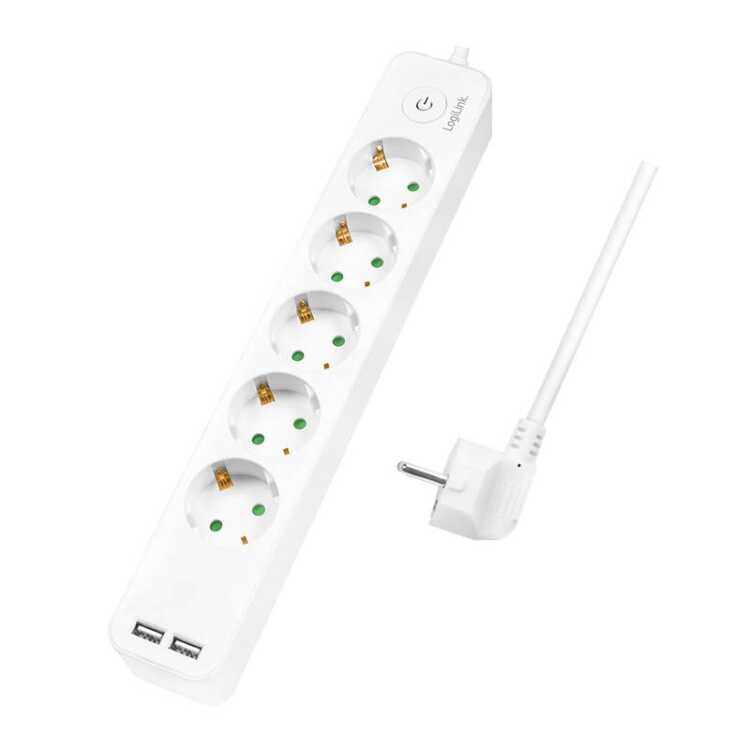 Steckdosenleiste 5-fach SCHUKO / CEE 7/3 + 2 x USB-A - Schalter - 1,5 m Kabel - weiß