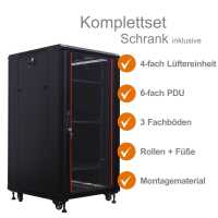 19"-Netzwerkschrank SRK von IT-BUDGET - Komplettset - 22 HE - BxT 600x600 mm - Sicht-/Vollblechtür - 4 Aktiv-Lüfter - Flatpack - schwarz