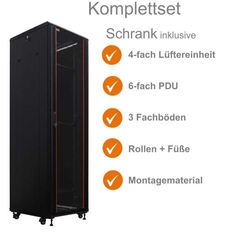 19"-Netzwerkschrank SRK von IT-BUDGET - Komplettset - 42 HE - BxT 600x600 mm - Sicht-/Vollblechtür - 4 Aktiv-Lüfter - Flatpack - schwarz