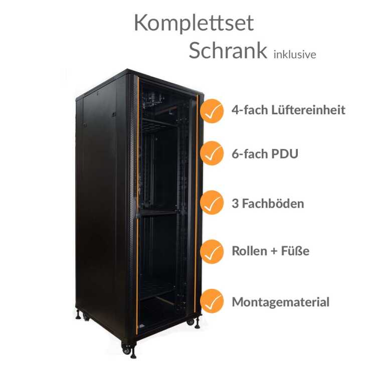 19"-Netzwerkschrank SRK von IT-BUDGET - Komplettset - 42 HE - BxT 800x800 mm - Sicht-/Vollblechtür - 4 Aktiv-Lüfter - Flatpack - schwarz