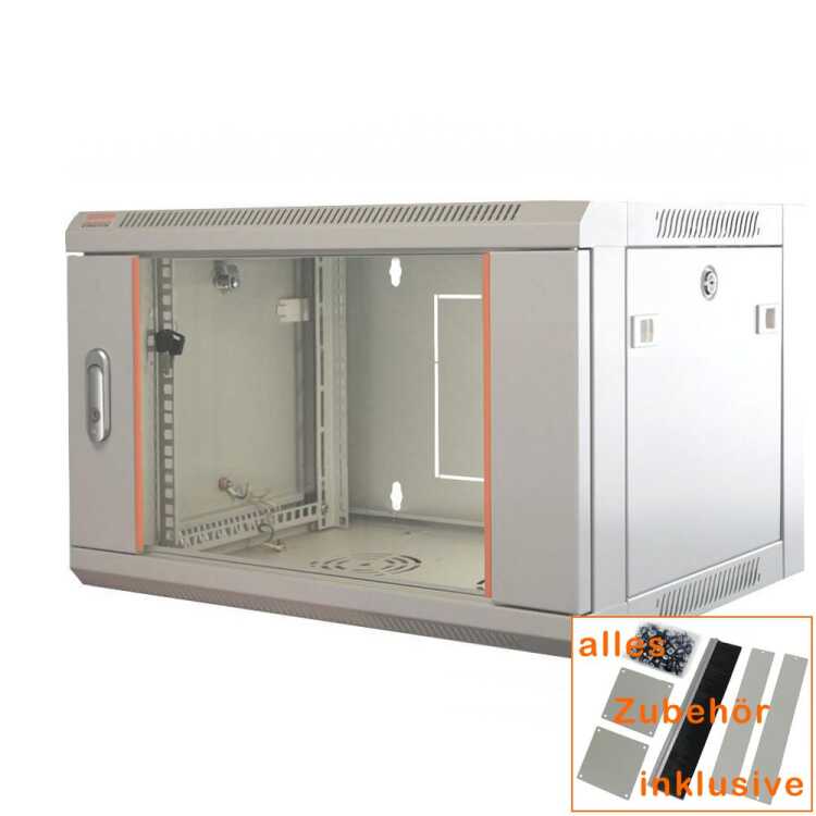 19"-Netzwerkschrank SWA von IT-BUDGET - 4 HE - BxT 570 x 450 mm - Sichttür - Seiten abnehmbar - Wand- + Standmontage - lichtgrau