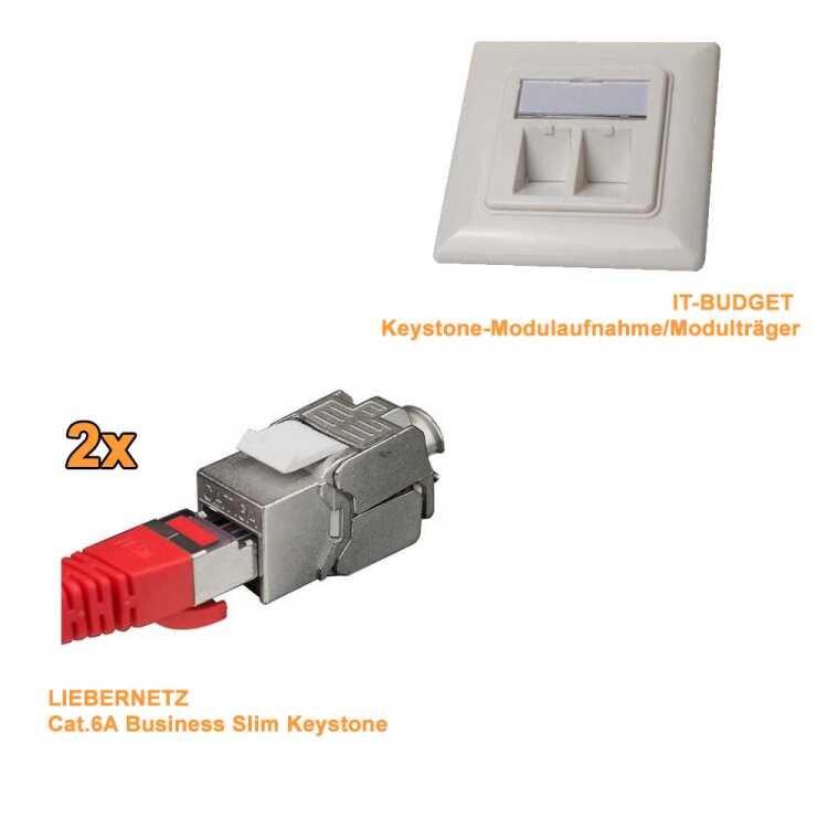 IT-BUDGET - Cat.6A - Keystone - Unterputz Datendose - 2 Port - designfähig - PoE+ fähig - reinweiß