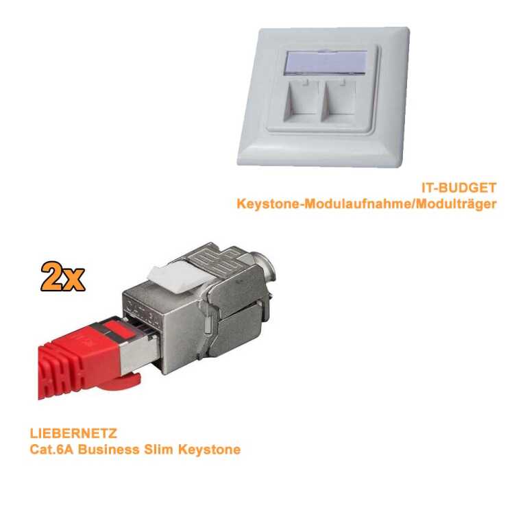 IT-BUDGET - Cat.6A - Keystone - Unterputz Datendose - 2 Port - designfähig - PoE+ fähig - signalweiß