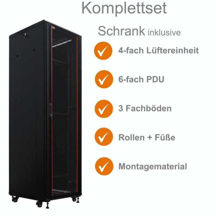 19"-Netzwerkschrank SRK von IT-BUDGET - Komplettset - 38 HE - BxT 600x600 mm - Sicht-/Vollblechtür - 4 Aktiv-Lüfter - Flatpack - schwarz