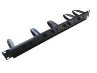 19"-Kabelführungsplatte mit 5 drehbaren, stabilen Kunststoff-Kabelbügeln - Bügelgröße HxT 40x85 mm - 1 HE - schwarz
