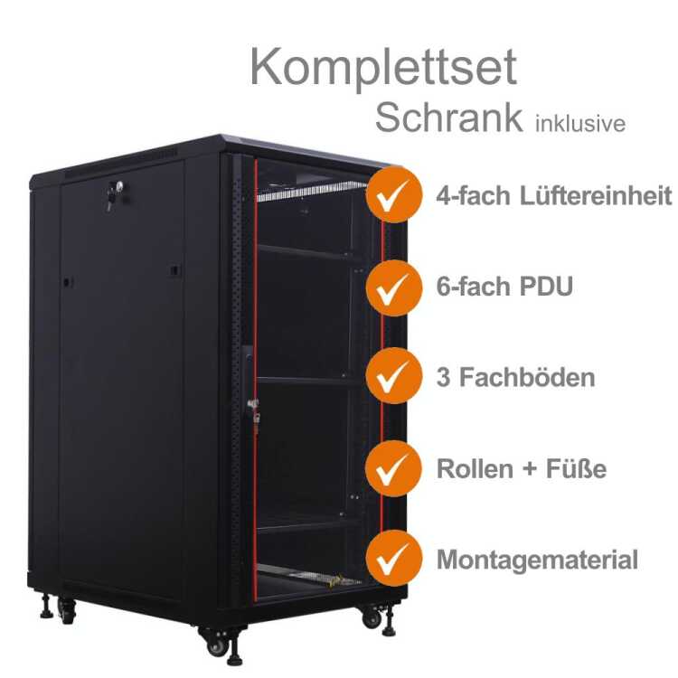 19"-Netzwerkschrank SRK von IT-BUDGET - Komplettset - 22 HE - BxT 600x800 mm - Sicht-/Vollblechtür - 4 Aktiv-Lüfter - montiert - schwarz