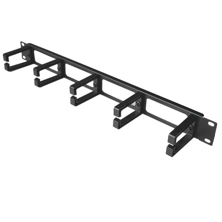 19"-Kabeldurchführungsplatte mit 5 Kabelbügel aus stabilem Kunststoff-Profil - Bügelgröße HxT 44x70 mm - 1 HE - schwarz