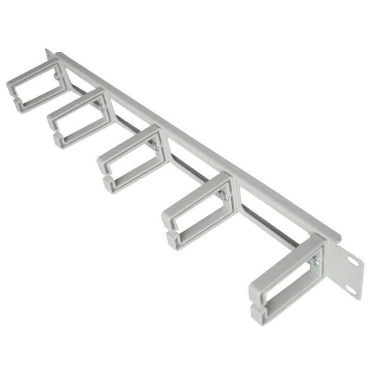 19"-Kabeldurchführungsplatte mit 5 Kabelbügel aus stabilem Kunststoff-Profil - Bügelgröße HxT 44x70 mm - 1 HE - lichtgrau