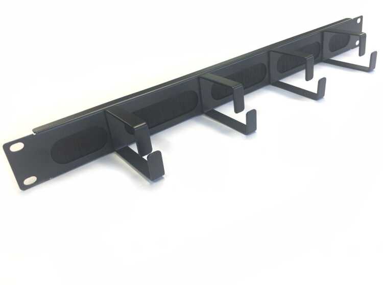 19"-Kabeldurchführungsplatte mit Bürste und 4 hochstabilen Metall-Kabelbügel - Bügelgröße HxT 44x70 mm - 1 HE - schwarz