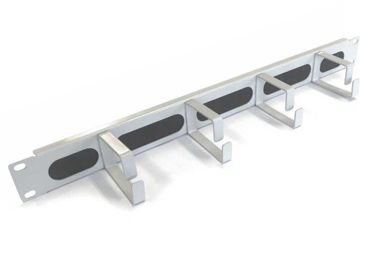 19"-Kabeldurchführungsplatte mit Bürste und 4 hochstabilen Metall-Kabelbügel - Bügelgröße HxT 44x70 mm - 1 HE - lichtgrau