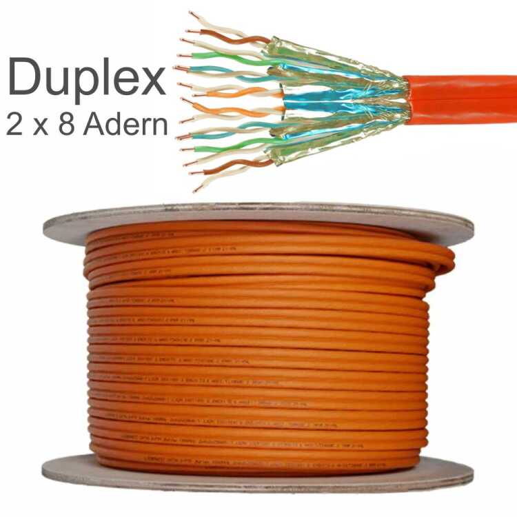 Duplex - Netzwerk-Installations-/Datenverlegekabel IT-BUDGET High Quality - Cat.7A - S/FTP - 2 x 100 m - CU Vollkupfer - Brandschutzklasse Eca