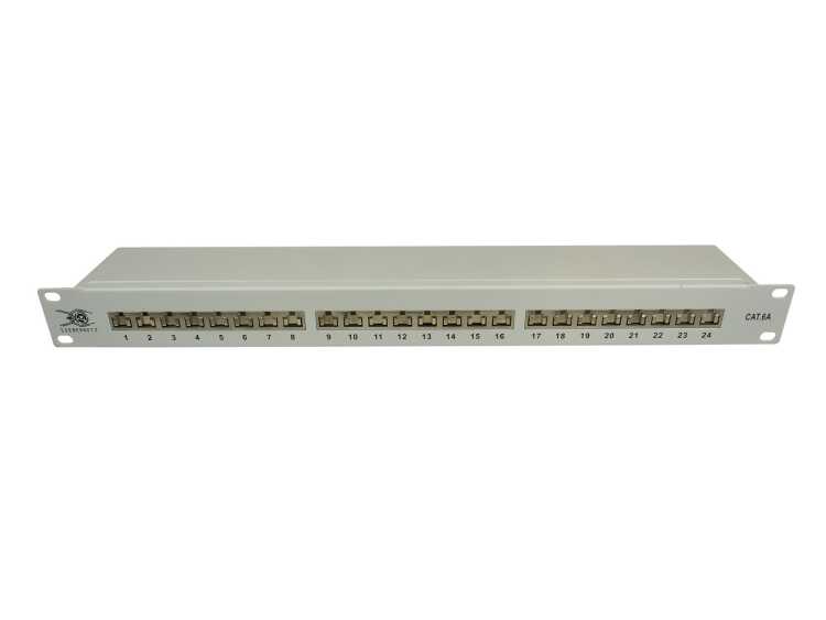 19" Business Patchpanel von IT-BUDGET - geschirmt - Cat.6A - 24 Port - 1 HE - PoE+ fähig - integrierter Staubschutz - lichtgrau