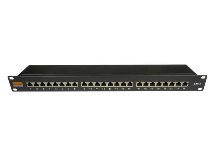 IT-BUDGET 19" Patchpanel Profi S - kurze Bauform - geschirmt - Cat.6A - 24 Port - PoE+ fähig - 1 HE - schwarz