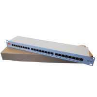 IT-BUDGET 19" Patchpanel Profi S - kurze Bauform - geschirmt - Cat.6A - 24 Port - PoE+ fähig - 1 HE - lichtgrau