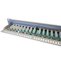 IT-BUDGET 19" Patchpanel Profi S - kurze Bauform - geschirmt - Cat.6A - 24 Port - PoE+ fähig - 1 HE - lichtgrau