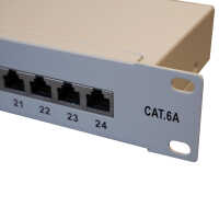 IT-BUDGET 19" Patchpanel Profi S - kurze Bauform - geschirmt - Cat.6A - 24 Port - PoE+ fähig - 1 HE - lichtgrau