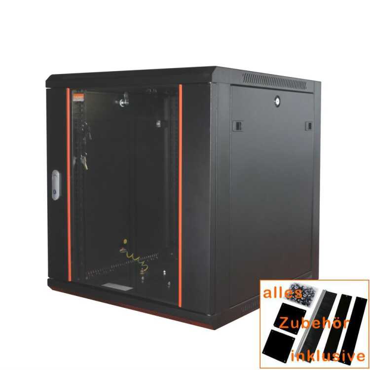 19"-Netzwerkschrank SWA von IT-BUDGET - 4 HE - BxT 570 x 350 mm - Sichttür - Seiten abnehmbar - Wand- + Standmontage - schwarz