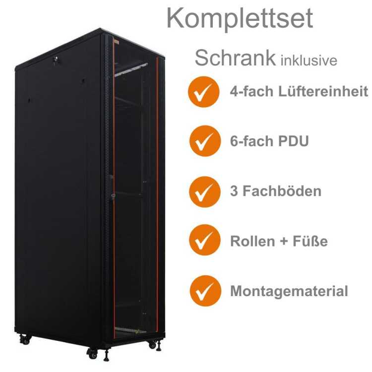 19"-Serverschrank SRK von IT-BUDGET - Komplettset - 42 HE - BxT 600x1000 mm - perforierte Doppeltüren vo + hi - 4 Aktiv-Lüfter - Flatpack - schwarz