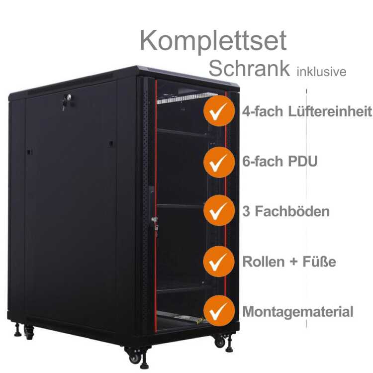 19"-Serverschrank SRK von IT-BUDGET - Komplettset - 27 HE - BxT 600x1000 mm - Sicht-/Vollblechtür - 4 Aktiv-Lüfter - montiert - schwarz