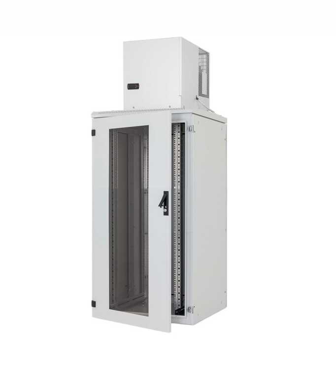 19"-Serverschrank/Netzwerkschrank RIE von TRITON mit Cosmotec/STULZ Dachaufbau-Kühlgerät - Kühlleistung 3800 W - 32 HE - BxT 800 x 800 mm - Sichttür - RückWand - lichtgrau