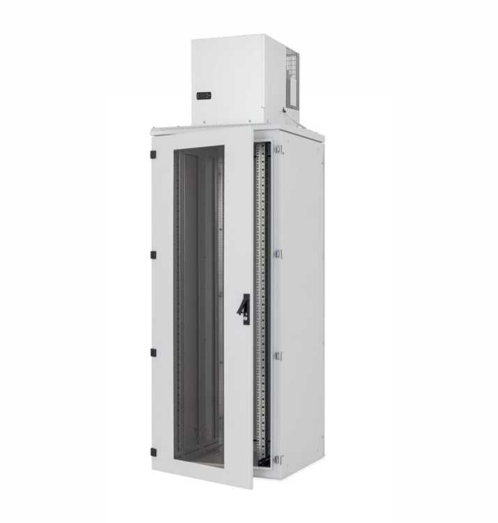 19"-Serverschrank/Netzwerkschrank RIE von TRITON mit Cosmotec/STULZ Dachaufbau-Kühlgerät - Kühlleistung 3800 W - 37 HE - BxT 800 x 800 mm - Sichttür - RückWand - lichtgrau