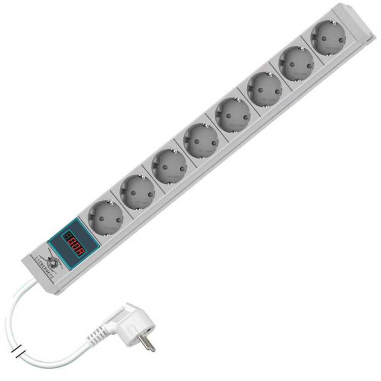 19"-Steckdosenleiste metered von LIEBERNETZ - 8-fach Schuko-Buchse CEE 7/3 - Amperemeter - 3 m Zuleitung - lichtgrau