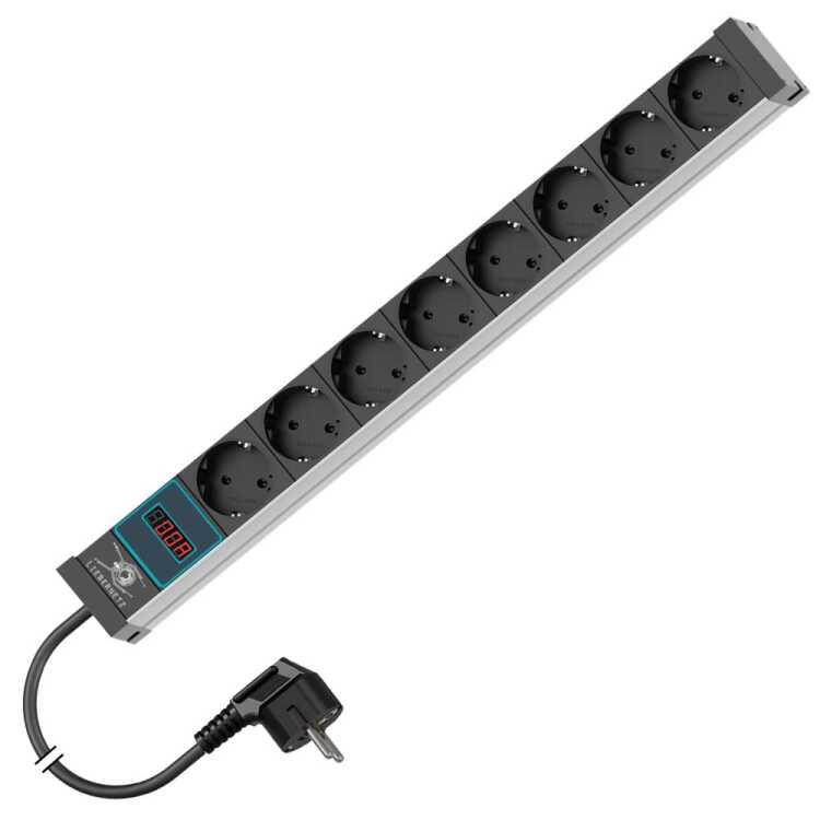 19"-Steckdosenleiste metered von LIEBERNETZ - 8-fach Schuko-Buchse CEE 7/3 - Amperemeter - 3 m Zuleitung - schwarz